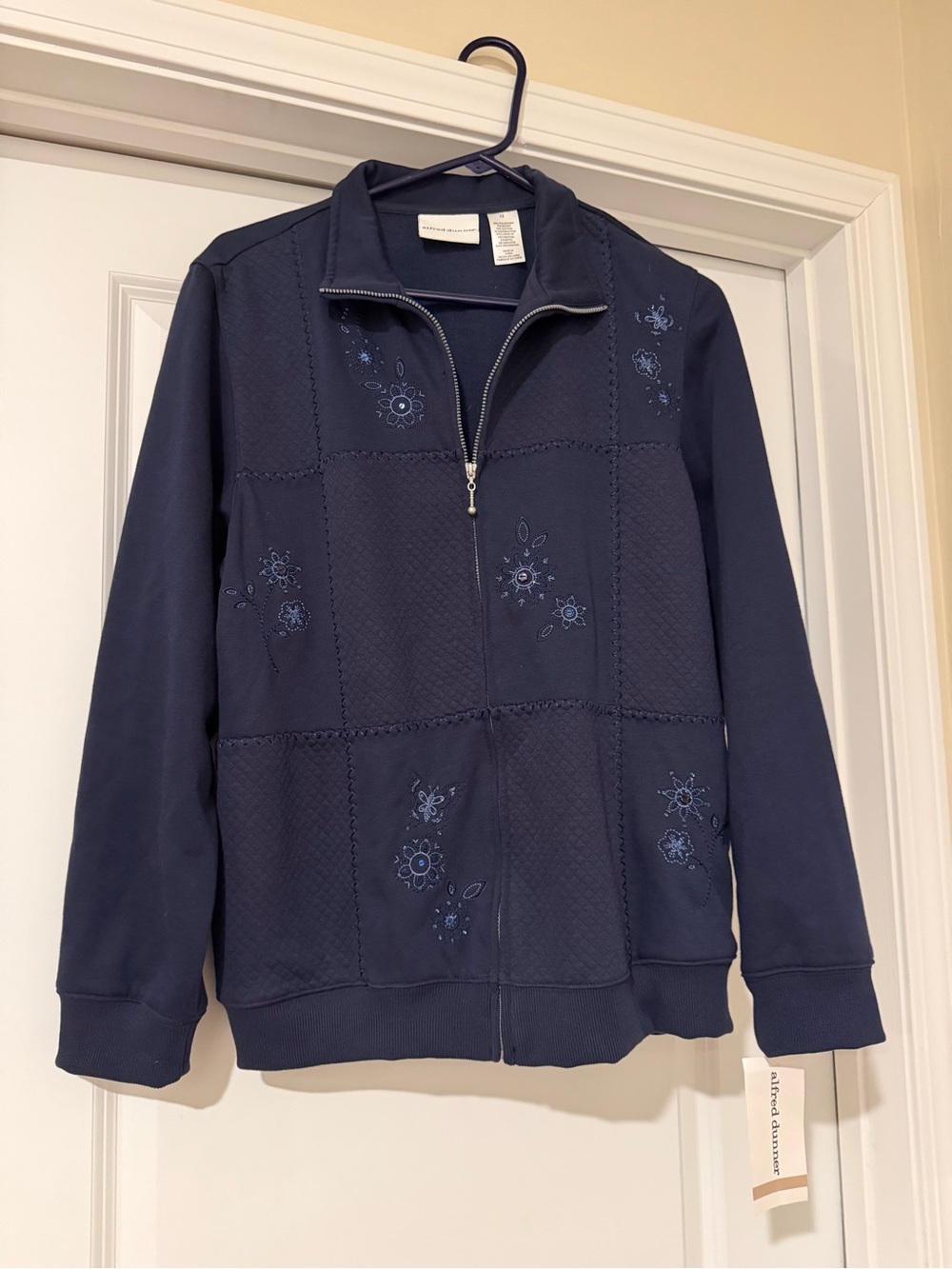 Alfred Dunner Navy Blue Embroidered Zip-Up Jacket